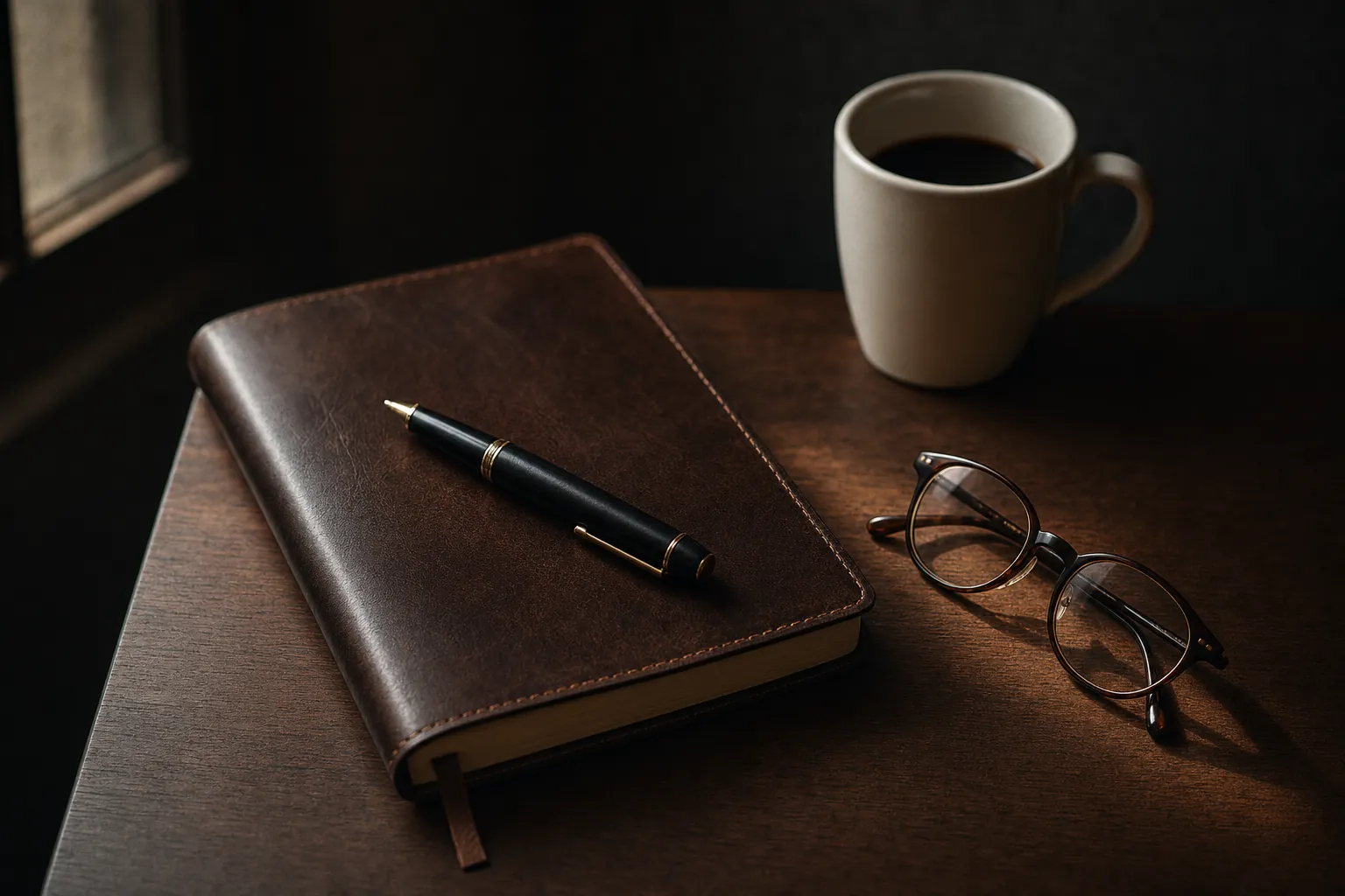 Notebook and pen on a dark desk