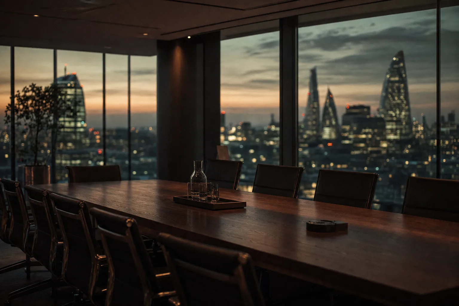 Empty executive boardroom overlooking the City of London at dusk